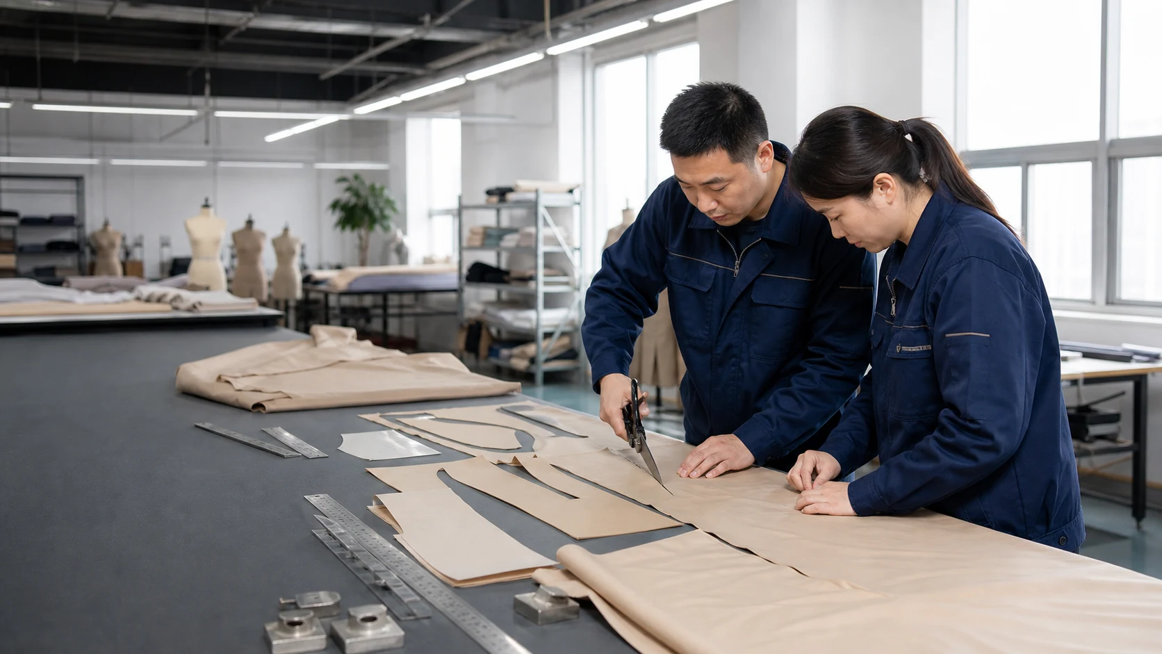 YB Shapewear product-development team reviewing patterns and cutting garment components for OEM and ODM production