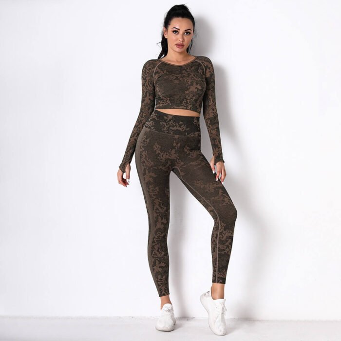 New Trendy Women Seamless Camouflage Fitness Yoga Wear High Waist Tummy Control Working out Legging and Long Sleeve Shirt - Image 4