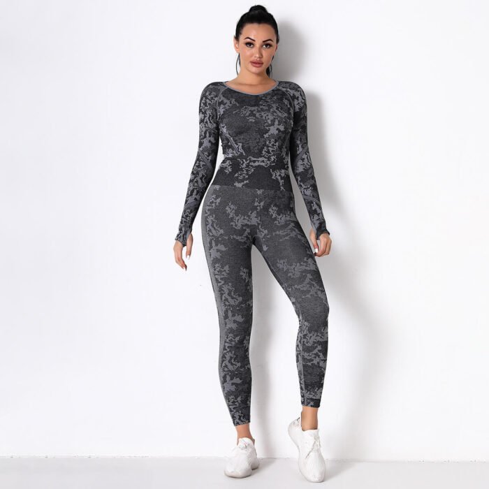 New Trendy Women Seamless Camouflage Fitness Yoga Wear High Waist Tummy Control Working out Legging and Long Sleeve Shirt - Image 2