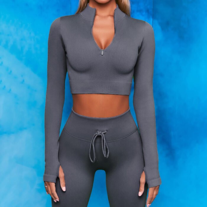 New Trendy Women Seamless Fitness & Yoga Wear 2 pieces High Waist Legging and Front Long Sleeve Shirt - Image 3