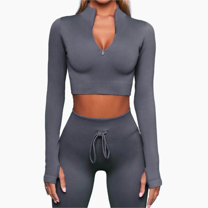 New Trendy Women Seamless Fitness & Yoga Wear 2 pieces High Waist Legging and Front Long Sleeve Shirt