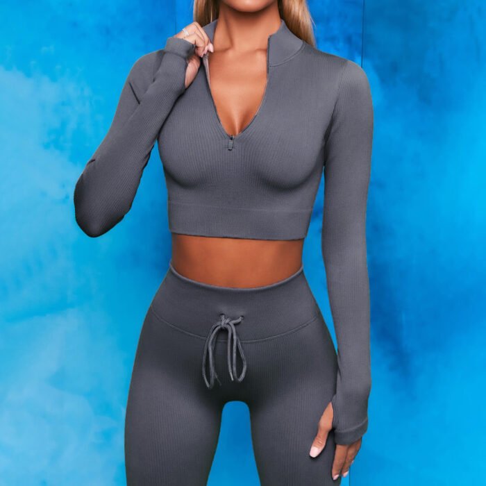 New Trendy Women Seamless Fitness & Yoga Wear 2 pieces High Waist Legging and Front Long Sleeve Shirt - Image 4